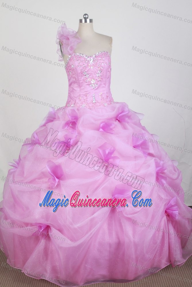 Floral Shoulder Sweetheart Quince Ball Gown in Rose Pink
