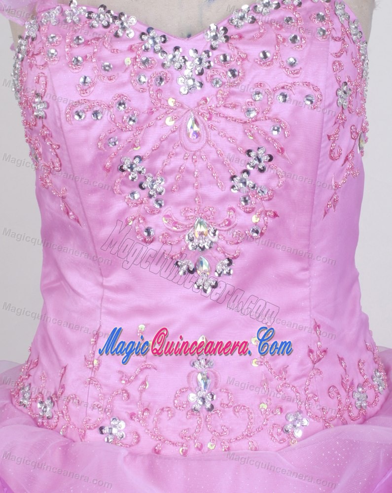 Floral Shoulder Sweetheart Quince Ball Gown in Rose Pink