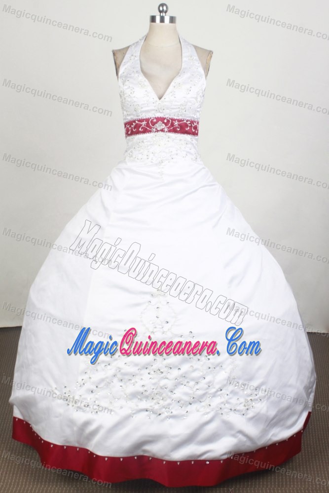 Sexy Halter White Quinceanera Gown V-neck with Red Trim