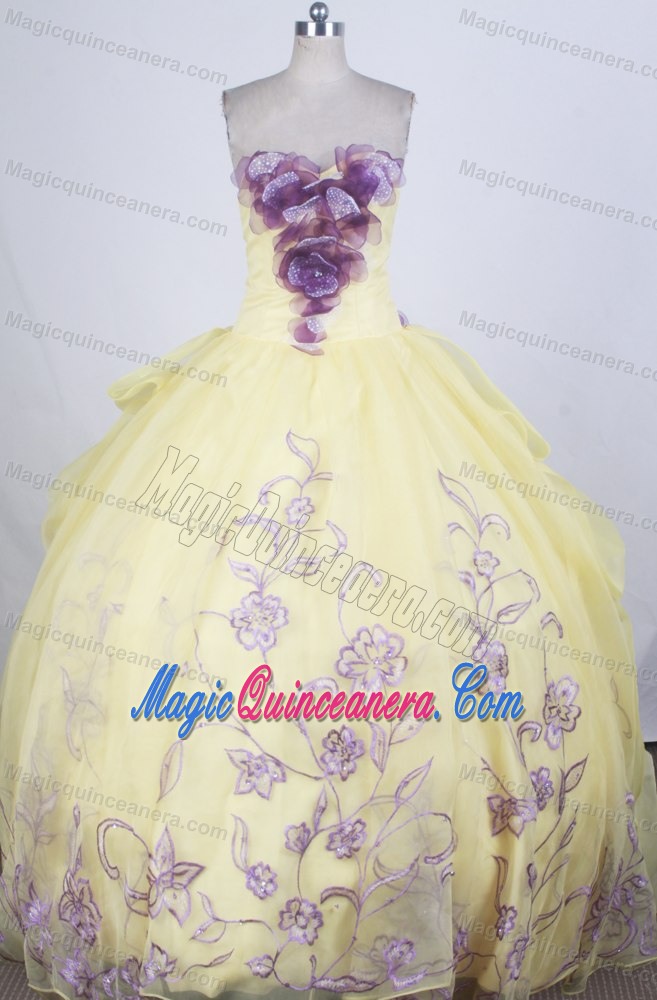 Hand Flowers Decorate Bodice Bubbled Back Yellow Quinceanera Gown