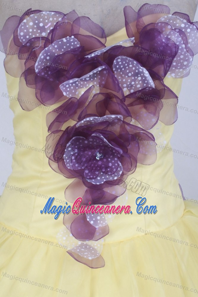 Hand Flowers Decorate Bodice Bubbled Back Yellow Quinceanera Gown