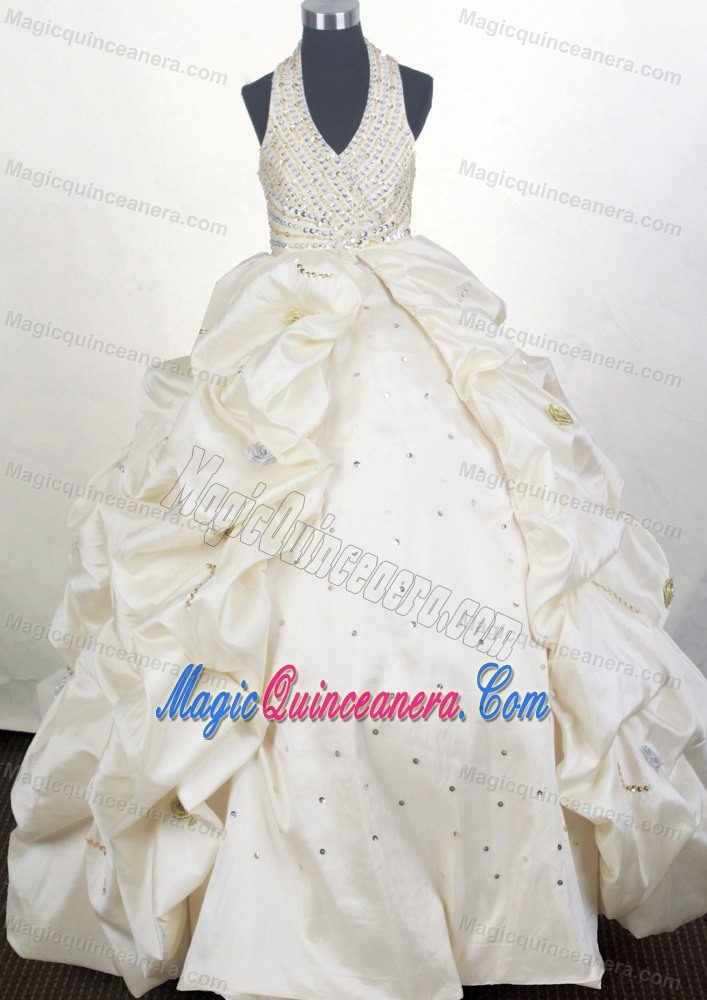 Cute 2013 Halter Beaded Champagne Color Quinceanera Dress Bubbled