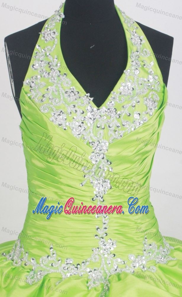 Halter Beaded 2014 Spring Green Quinceanera Dress with Pick-ups