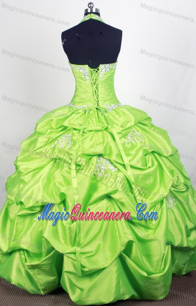 Halter Beaded 2014 Spring Green Quinceanera Dress with Pick-ups