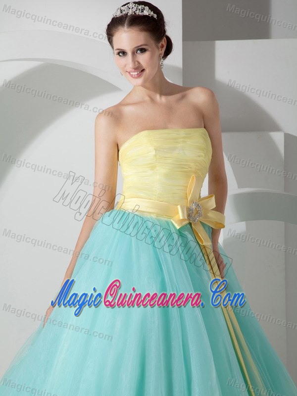 Aqua Blue and Yellow Sweet Sixteen Dresses with Beaded Ribbons