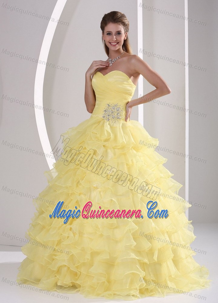 Ruched Light Yellow Sweet 15 Dresses with Beading and Ruffled Layers