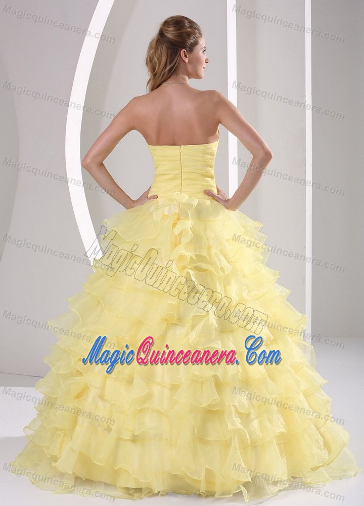 Ruched Light Yellow Sweet 15 Dresses with Beading and Ruffled Layers