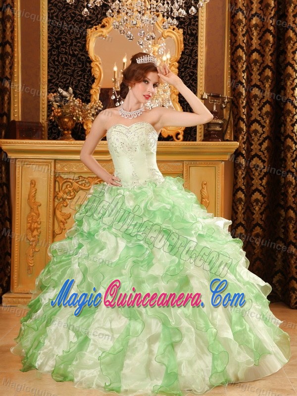 Ruffled and Beaded Strapless Quinceanera Dresses in Apple Green