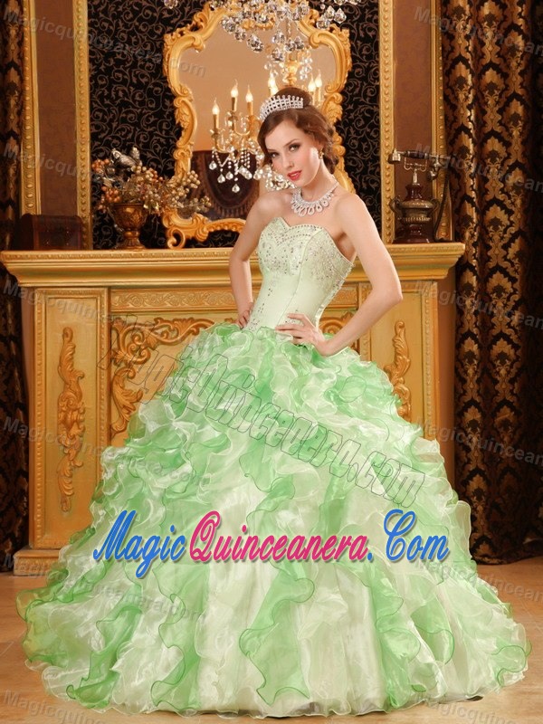 Ruffled and Beaded Strapless Quinceanera Dresses in Apple Green