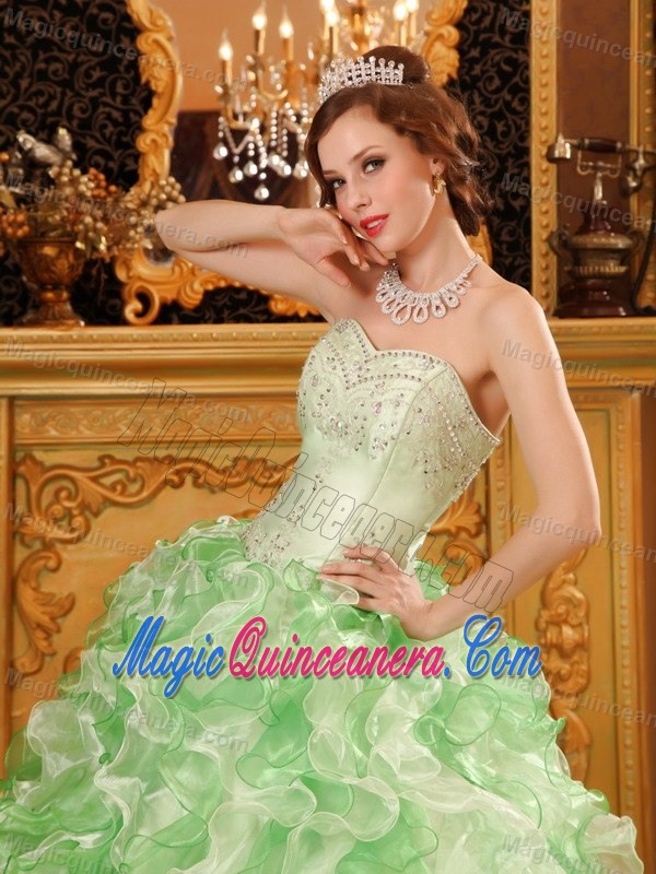 Ruffled and Beaded Strapless Quinceanera Dresses in Apple Green