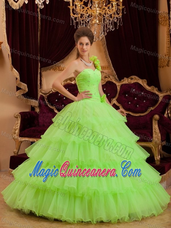 Flowery One Shoulder Ruffled Layers Quinceaenra in Lemon Green