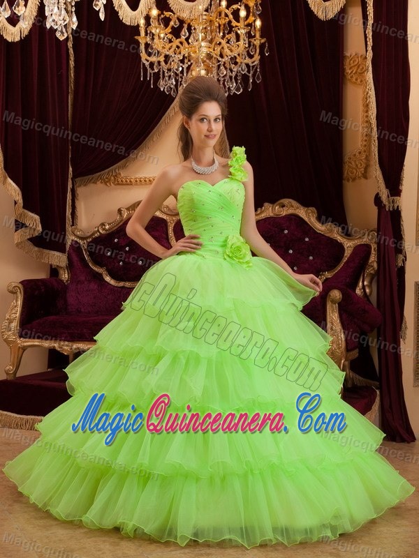 Flowery One Shoulder Ruffled Layers Quinceaenra in Lemon Green