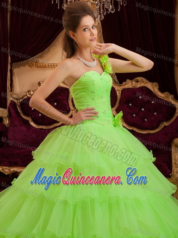 Flowery One Shoulder Ruffled Layers Quinceaenra in Lemon Green