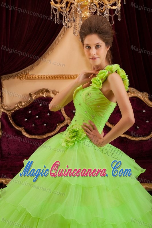 Flowery One Shoulder Ruffled Layers Quinceaenra in Lemon Green