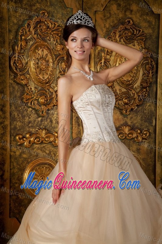 Champagne Tulle Strapless Quinceanera Gown Dress with Appliques