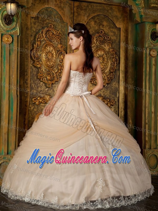 Champagne Tulle Strapless Quinceanera Gown Dress with Appliques