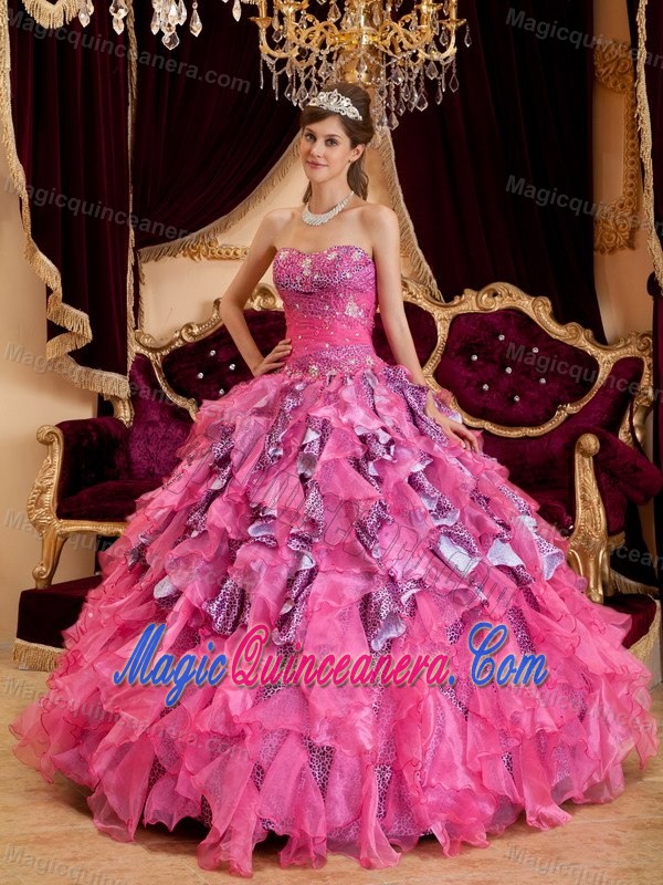 Ruffled and Beaded Hot Pink Quinceanera Gown Dresses Leopard Print