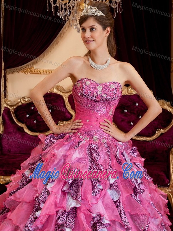 Ruffled and Beaded Hot Pink Quinceanera Gown Dresses Leopard Print