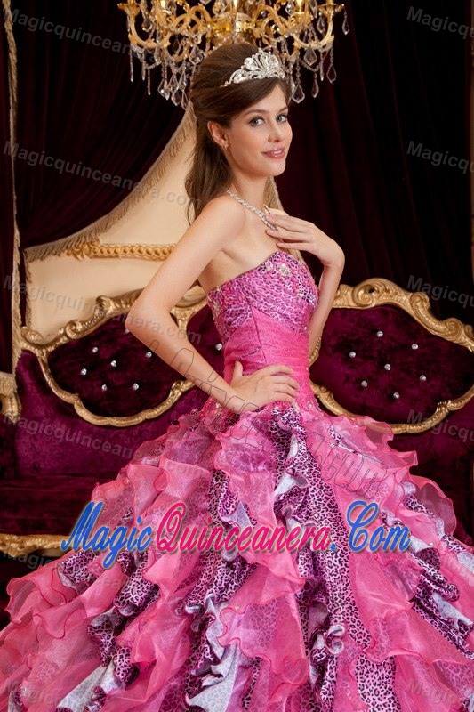 Ruffled and Beaded Hot Pink Quinceanera Gown Dresses Leopard Print