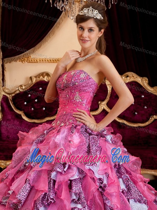 Ruffled and Beaded Hot Pink Quinceanera Gown Dresses Leopard Print