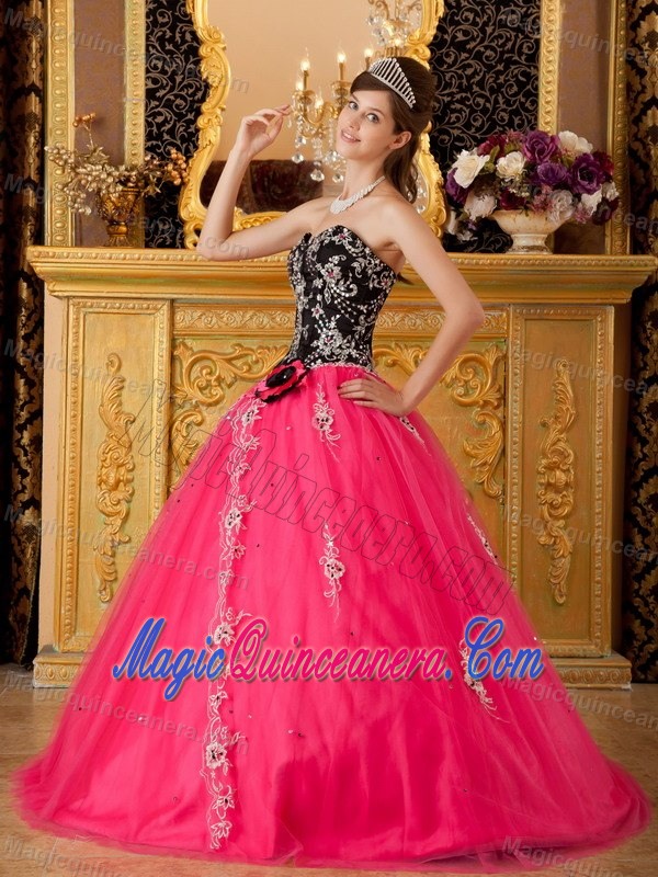 Appliques Accent Quinceanera Gown Dresses in Black and Hot Pink