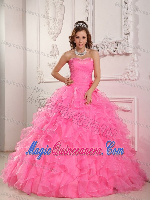 Beading and Puffy Ruffles Accent Quinceanera Gown Dress in Rose Pink