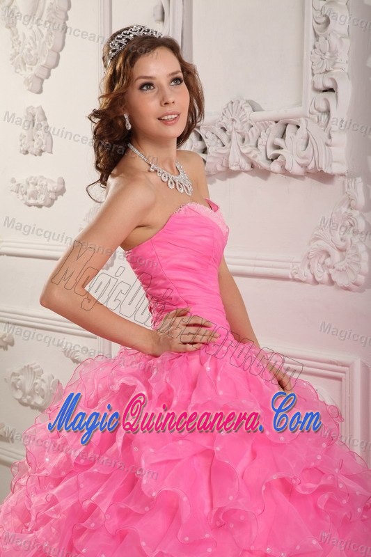 Beading and Puffy Ruffles Accent Quinceanera Gown Dress in Rose Pink