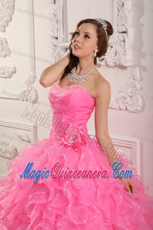 Beading and Puffy Ruffles Accent Quinceanera Gown Dress in Rose Pink