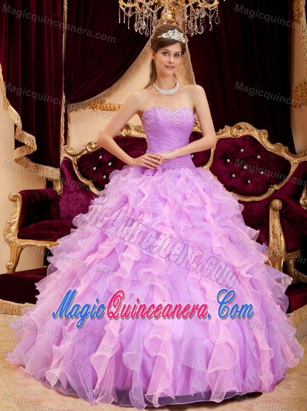 Ruched Lavender Quinceanera Dresses with Beading and Puffy Ruffles