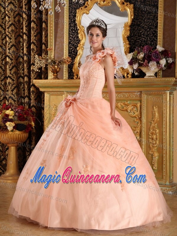 Flowery One Shoulder Appliqued Quinceanera Dresses in Peach Color