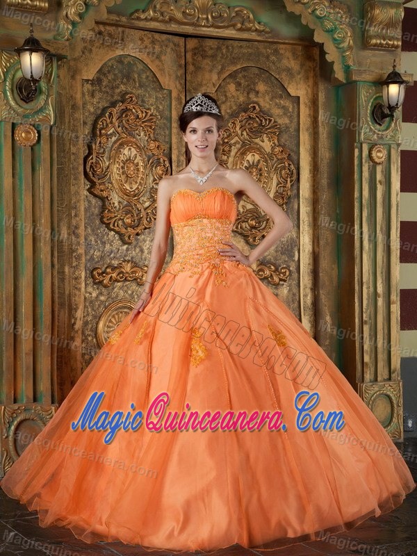 Puebla Mexico Orange Sweetheart Quinceanera Dresses with Appliques