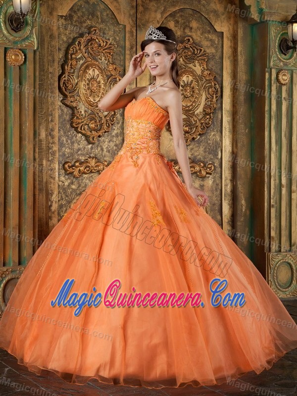 Puebla Mexico Orange Sweetheart Quinceanera Dresses with Appliques
