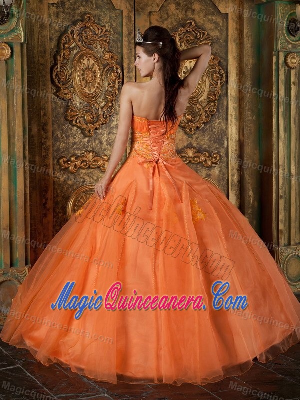 Puebla Mexico Orange Sweetheart Quinceanera Dresses with Appliques