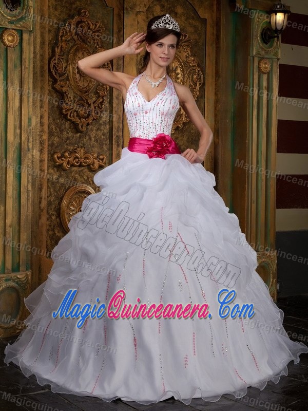 White Halter Beaded Sweet 16 Dresses with Red Sash in Antrim