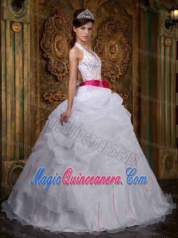 White Halter Beaded Sweet 16 Dresses with Red Sash in Antrim