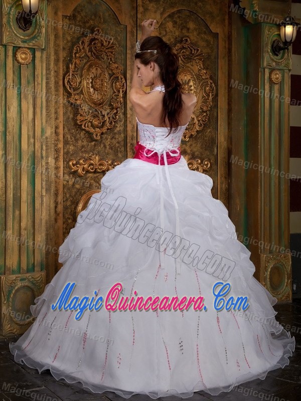 White Halter Beaded Sweet 16 Dresses with Red Sash in Antrim