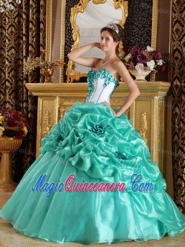 Apple Green Dress For Quinceanera with Hand-made Flowers in Bath
