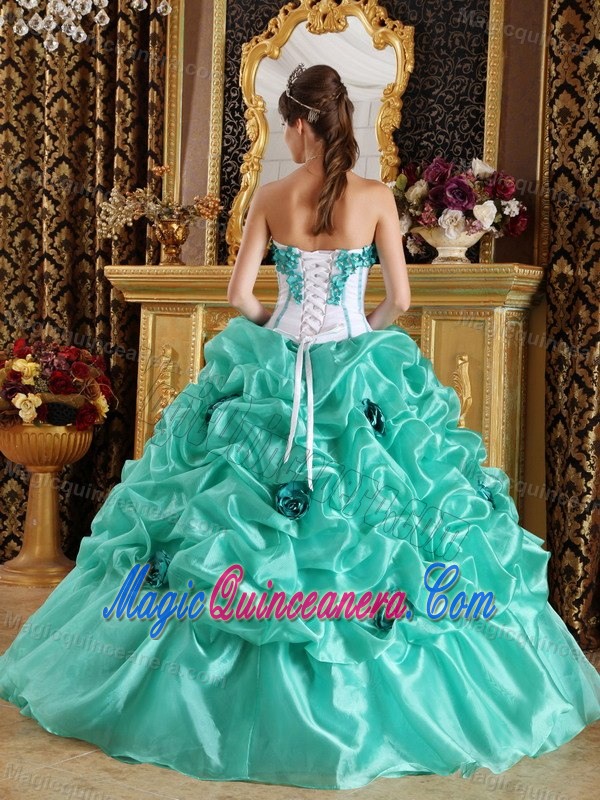 Apple Green Dress For Quinceanera with Hand-made Flowers in Bath