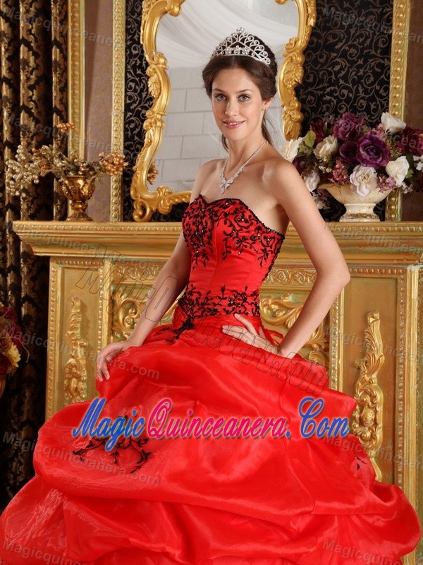 Red Organza Dress For Quinceanera with Black Embroidery in Auckland