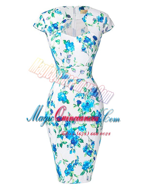 triumph Fancy Cap Sleeves Knee Length Pattern and Belt Zipper Mother Of The Bride Dress with Blue And White