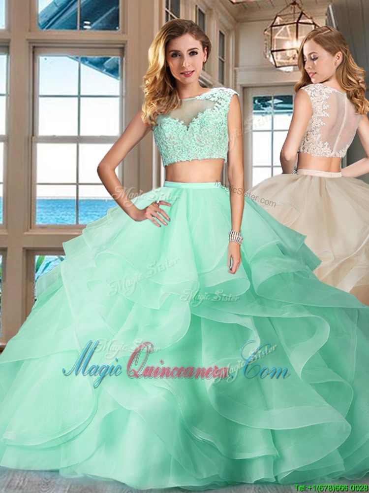 triumph Flirting Tulle Cap Sleeves Floor Length 15 Quinceanera Dress and Appliques and Ruffles