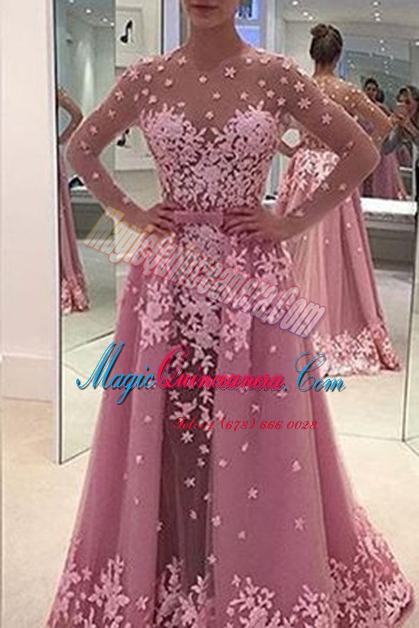 triumph High Class Long Sleeves With Train Appliques Zipper Mother Of The Bride Dress with Lilac Sweep Train