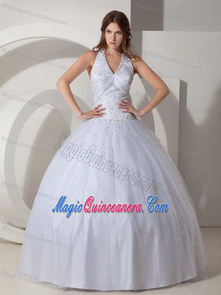 Discount White Halter Beaded Taffeta Quince Dresses in Belfast