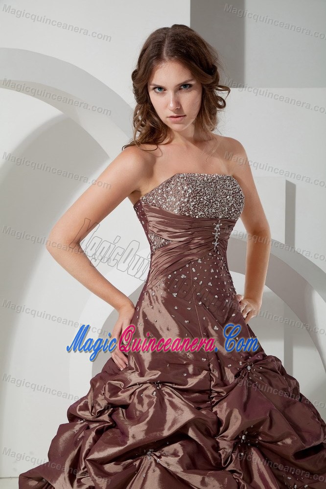 Brown Beaded Taffeta Pick Ups Sweet 15 Dresses in Carrickfergus