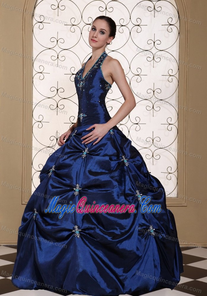 Dark Blue Halter Taffeta Pick Ups Sweet 16 Dresses in Newtownabbey