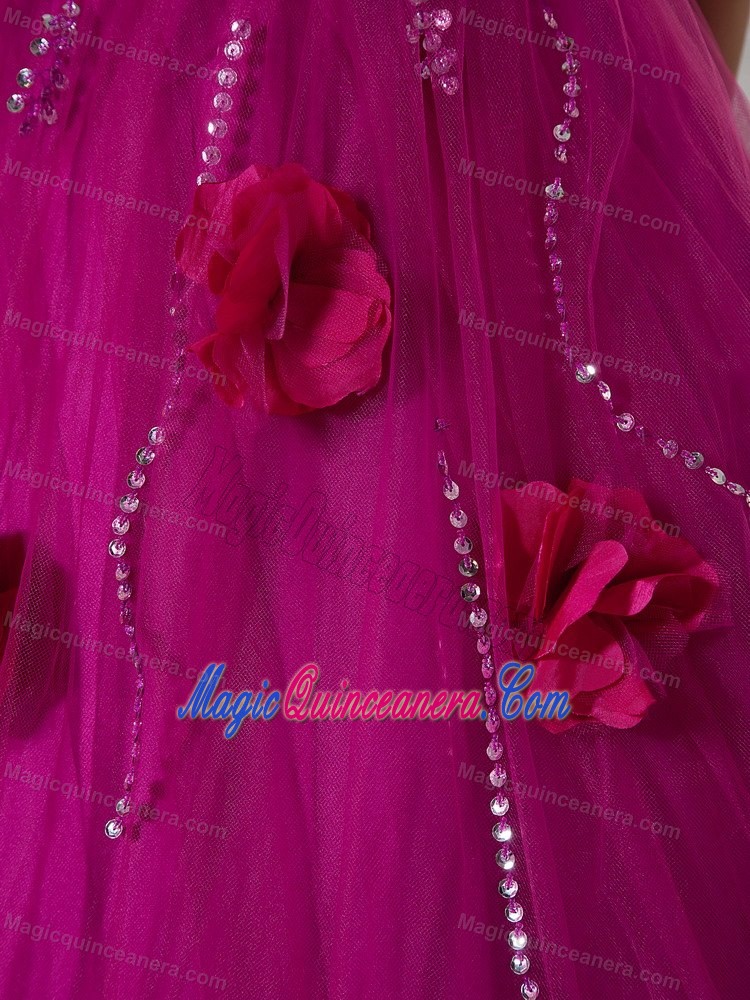Fuchsia Taffeta and Tulle Hand-made Flowers Quince Dress in Newry