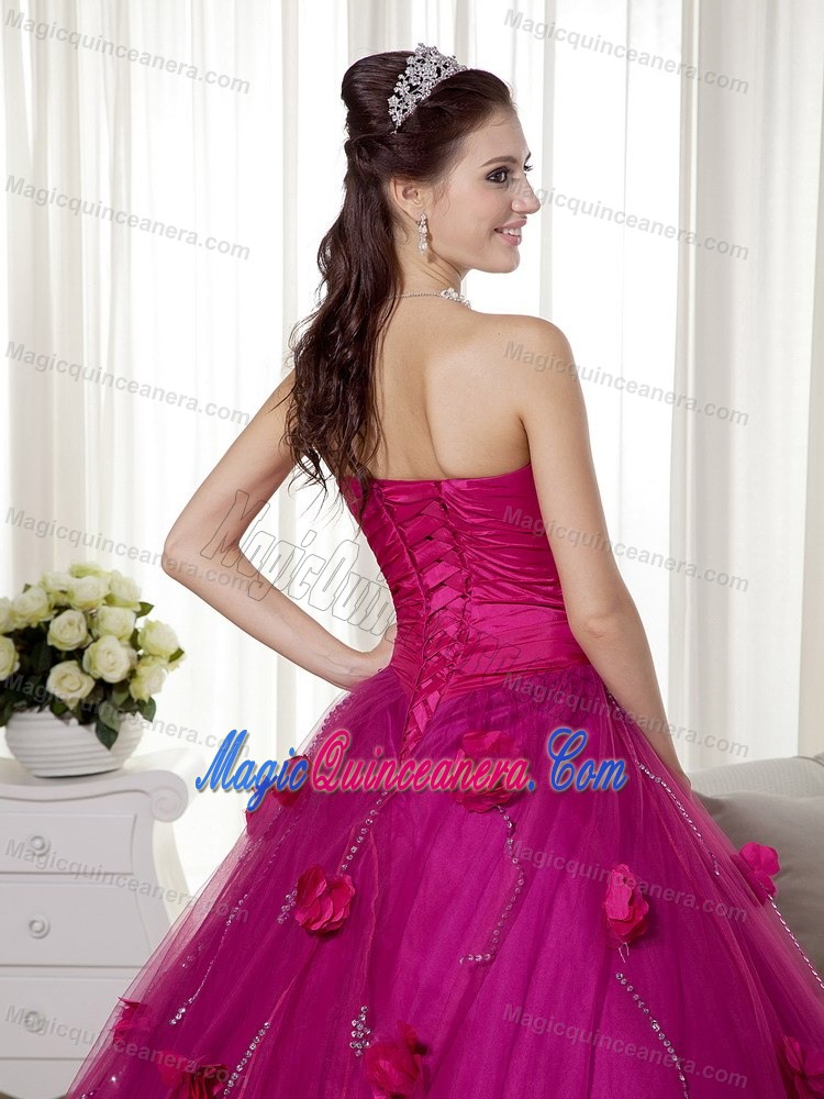 Fuchsia Taffeta and Tulle Hand-made Flowers Quince Dress in Newry