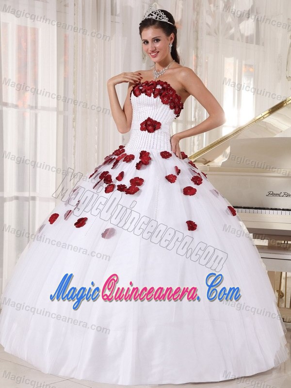 White Strapless Sweet 15 Dresses with Red Hand-made Flowers in Bath