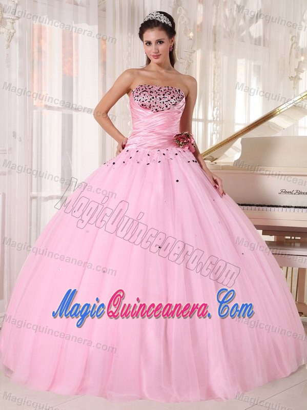 Baby Pink Beaded Tulle Quince Dress with Hand-made Flower in Aachen
