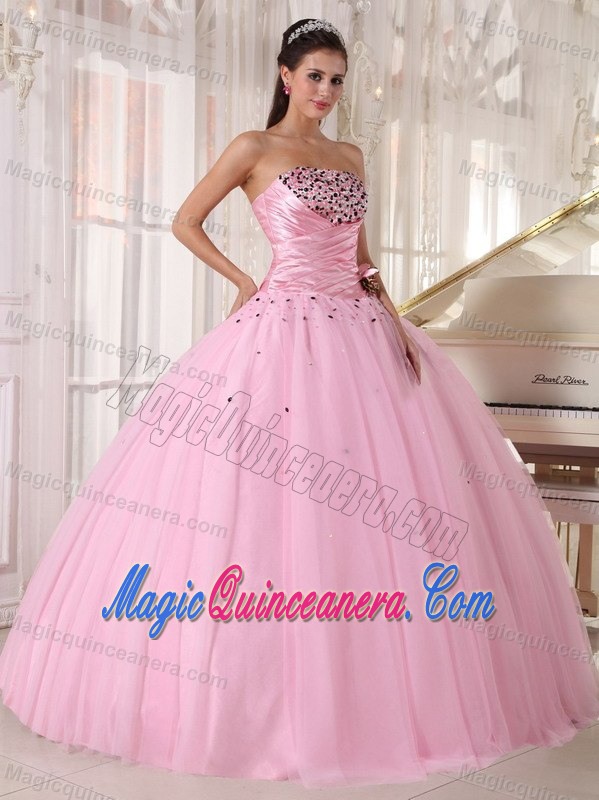 Baby Pink Beaded Tulle Quince Dress with Hand-made Flower in Aachen